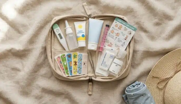 Trousse à pharmacie bébé prête pour les vacances : thermomètre, sérum physiologique, crème solaire et soins essentiels